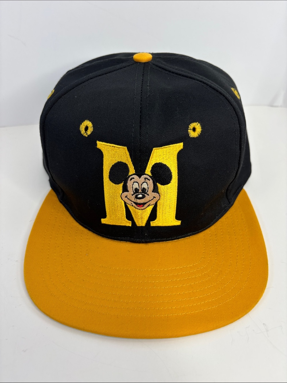 Vintage 90s Disney Mickey Mouse Snapback Hat Cap Goofy’s Hat Co Black Yellow